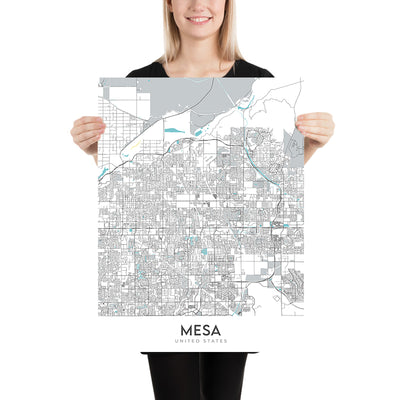 Modern City Map of Mesa, AZ: Downtown, ASU, Red Mountain, Superstition Mountains, Loop 101