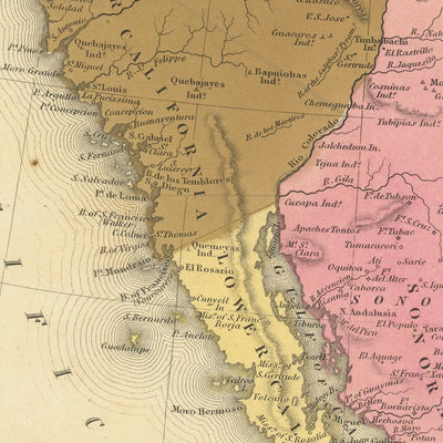 Alte Karte von Mexiko, Guatemala, Texas, Kalifornien von H.S. Tanner, 1839: Mexiko-Stadt, Puebla, Los Angeles, San Francisco, Austin, Houston 