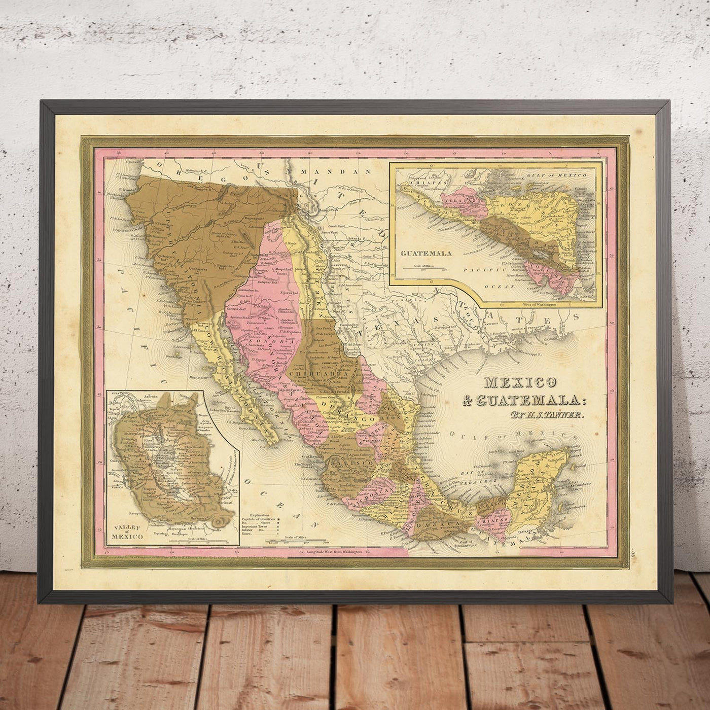 Old Map of Mexico, Guatemala, Texas, California by H.S. Tanner, 1839: Mexico City, Puebla, Los Angeles, San Francisco, Austin, Houston