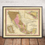 Mapa antiguo de México, Guatemala, Texas, California por H.S. Tanner, 1839: Ciudad de México, Puebla, Los Ángeles, San Francisco, Austin, Houston
