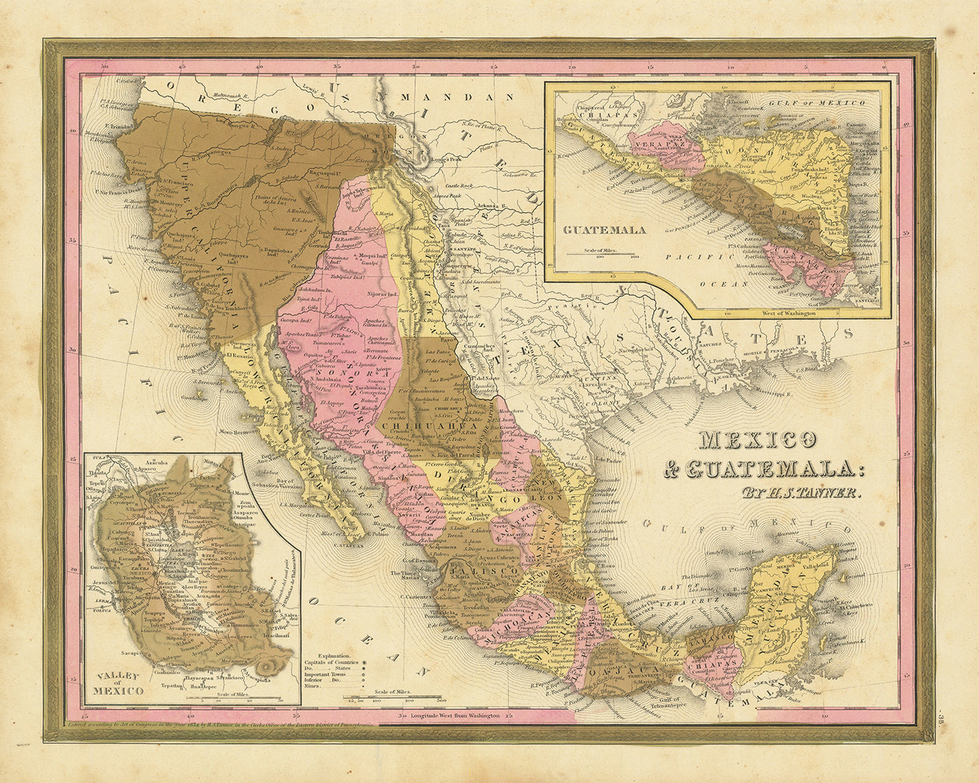 Mapa antiguo de México, Guatemala, Texas, California por H.S. Tanner, 1839: Ciudad de México, Puebla, Los Ángeles, San Francisco, Austin, Houston
