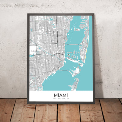 Modern City Map of Miami, FL: South Beach, Coconut Grove, Downtown, Coral Gables, Key Biscayne