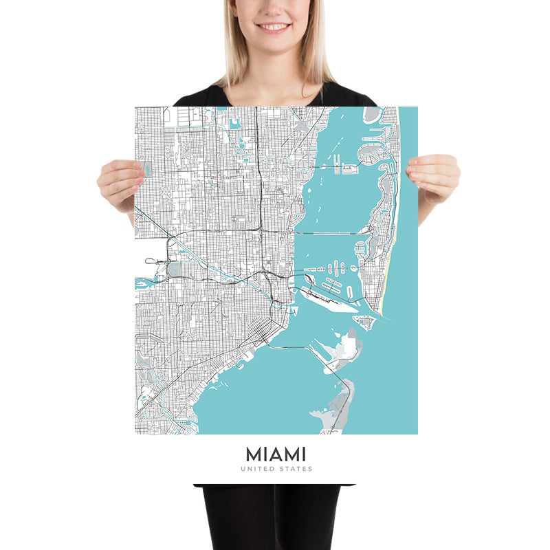 Mapa moderno de la ciudad de Miami, FL: South Beach, Coconut Grove, Centro, Coral Gables, Key Biscayne