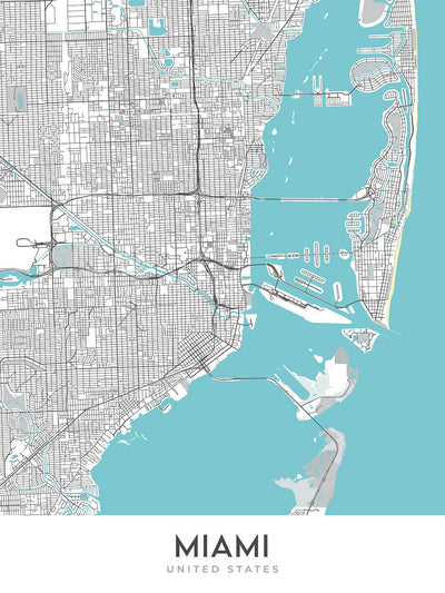 Modern City Map of Miami, FL: South Beach, Coconut Grove, Downtown, Coral Gables, Key Biscayne