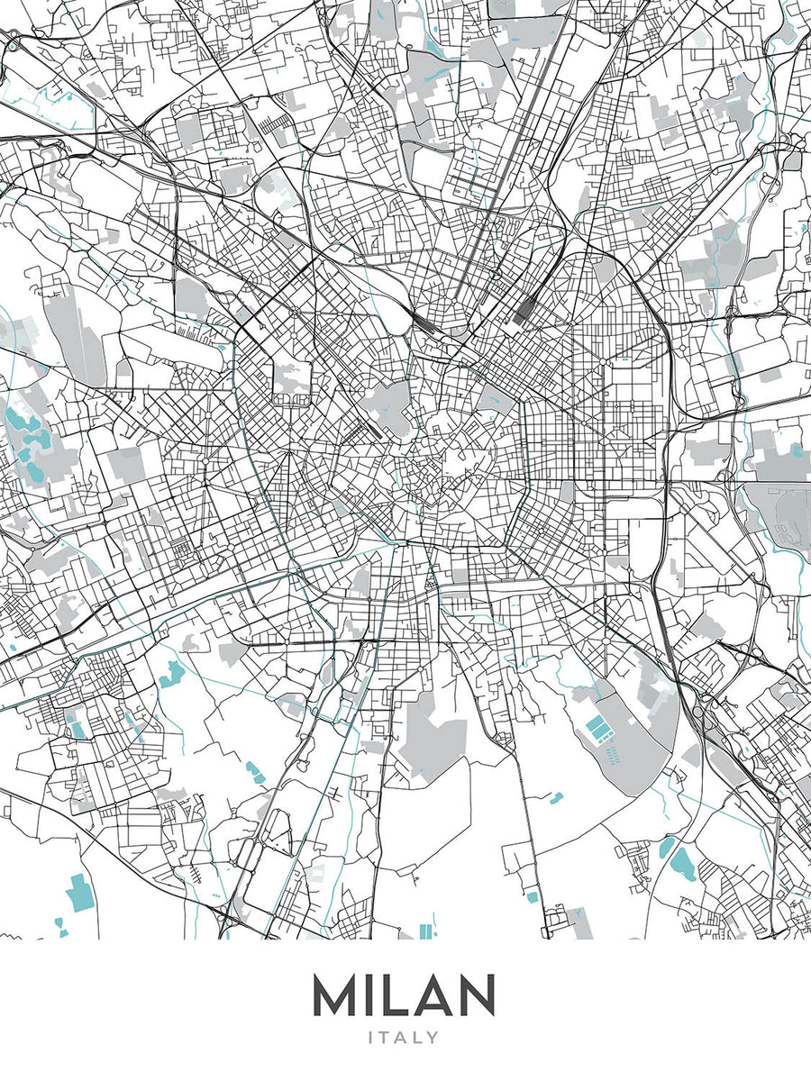 Modern City Map of Milan, Italy: Duomo, Galleria, Castello, Navigli, Brera