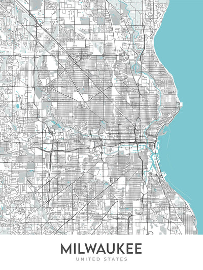 Mapa moderno de la ciudad de Milwaukee, WI: vista de la bahía, Fiserv Forum, histórico tercer distrito, Universidad de Marquette, zoológico del condado de Milwaukee