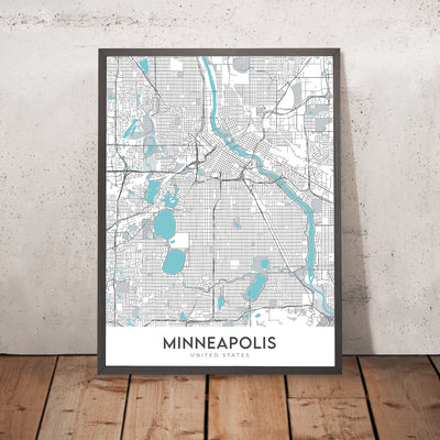 Plan de la ville moderne de Minneapolis, MN : U of M, TCF Bank Stadium, Walker Art Center, Nicollet Mall, Mississippi River