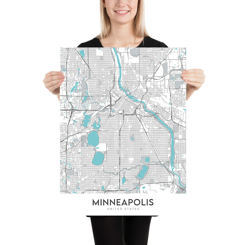 Plan de la ville moderne de Minneapolis, MN : U of M, TCF Bank Stadium, Walker Art Center, Nicollet Mall, Mississippi River