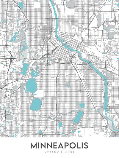 Moderner Stadtplan von Minneapolis, MN: U of M, TCF Bank Stadium, Walker Art Center, Nicollet Mall, Mississippi River