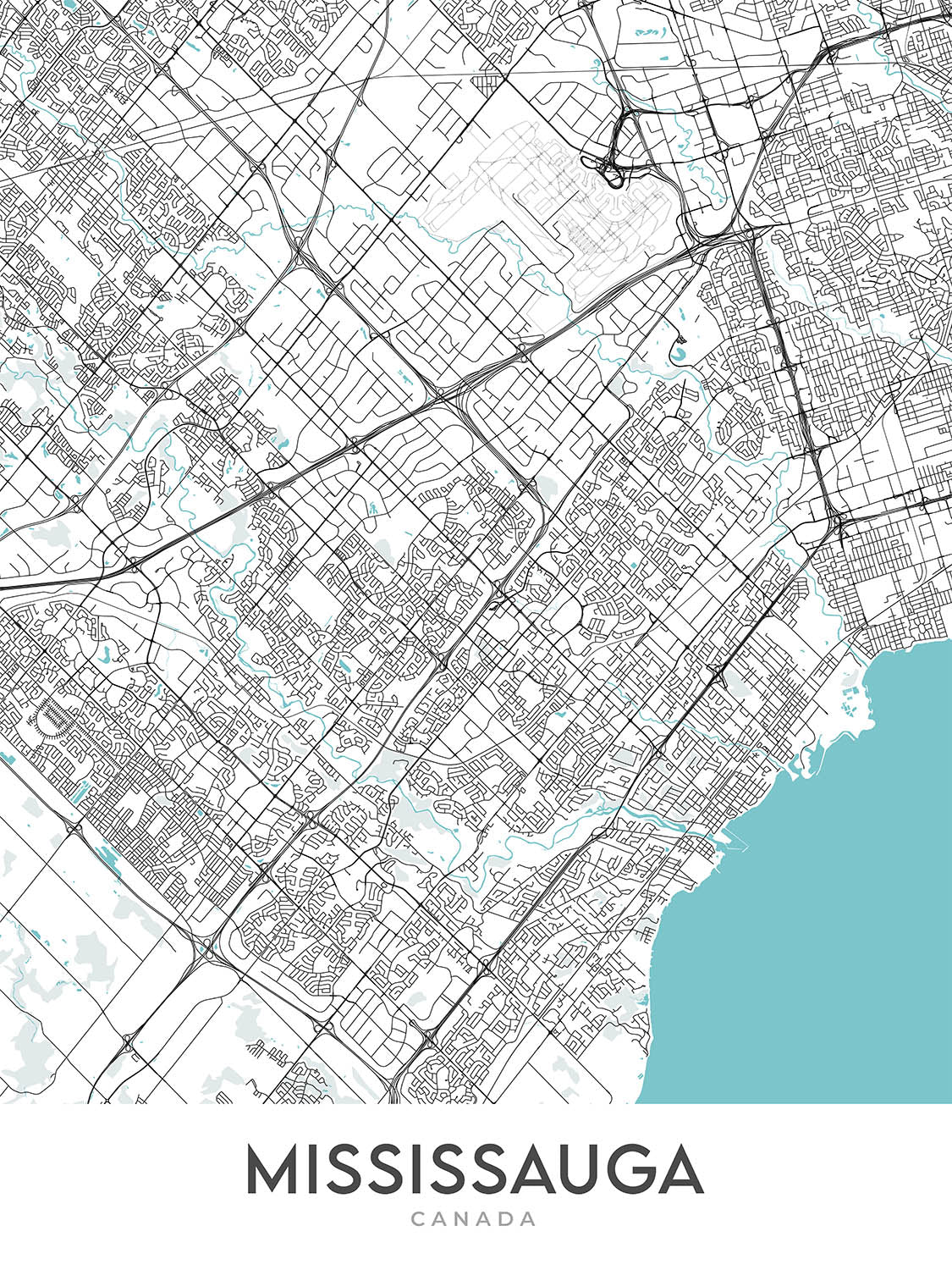 Mapa moderno de la ciudad de Mississauga, Canadá: centro de la ciudad, Streetsville, Port Credit, galería de arte, Square One