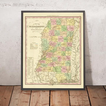 Alte Karte von Mississippi von H.S. Tanner, 1836: Jackson, Gulfport, Southaven, Biloxi, Tupelo, Straßen, Eisenbahn, Kanäle 