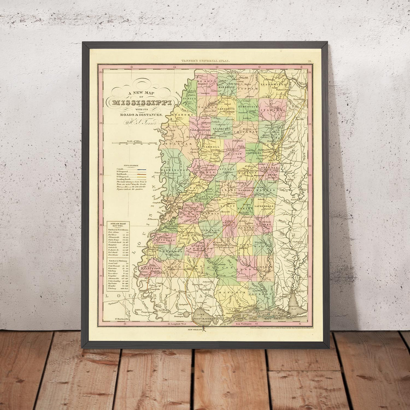 Ancienne carte du Mississippi par H.S. Tanner, 1836 : Jackson, Gulfport, Southaven, Biloxi, Tupelo, routes, chemins de fer, canaux