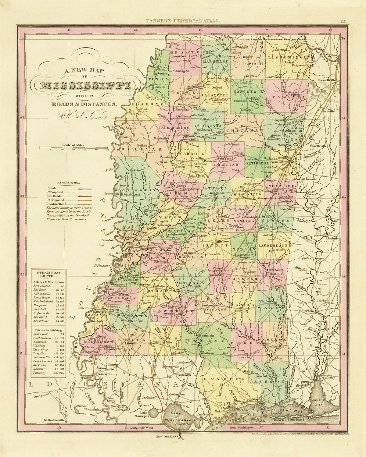 Ancienne carte du Mississippi par H.S. Tanner, 1836 : Jackson, Gulfport, Southaven, Biloxi, Tupelo, routes, chemins de fer, canaux