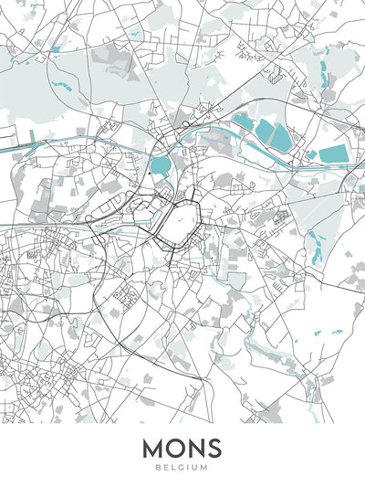 Moderner Stadtplan von Mons, Belgien: Grand Place, Belfried, Stiftskirche Saint-Waudru