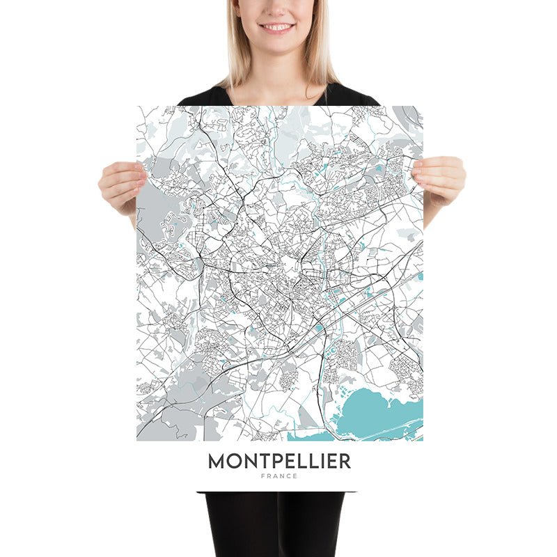 Modern City Map of Montpellier, France: Antigone, Beaux Arts, Cathédrale Saint-Pierre, Opéra Comédie, Place de la Comédie