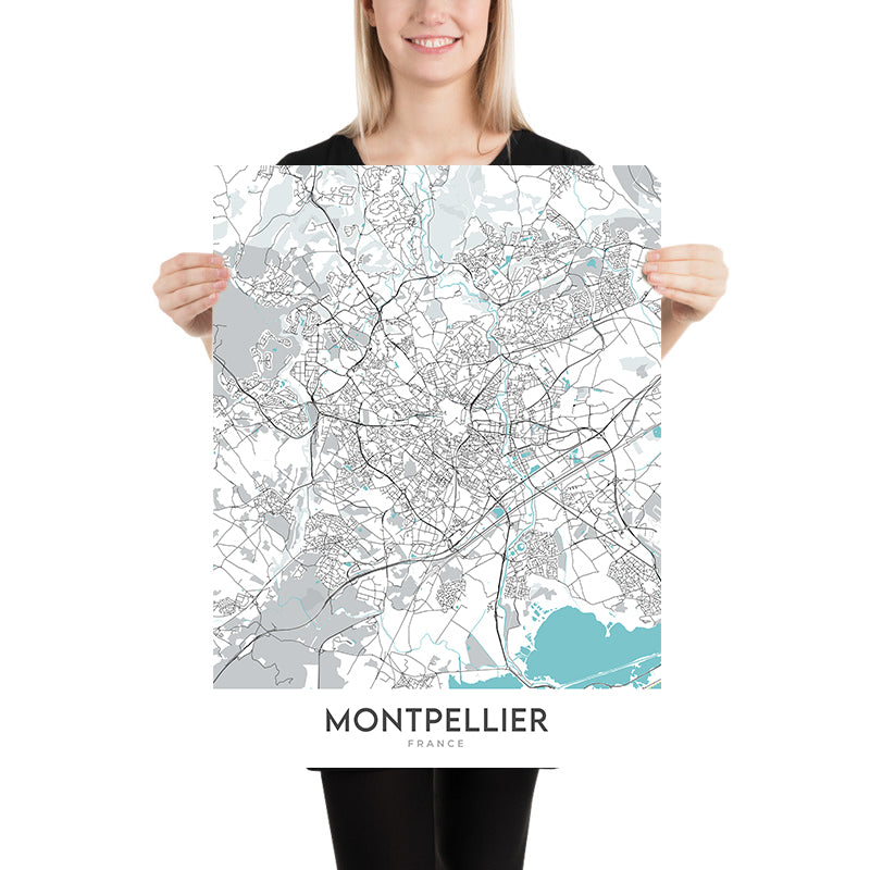 Mapa moderno de la ciudad de Montpellier, Francia: Antígona, Bellas Artes, Cathédrale Saint-Pierre, Opéra Comédie, Place de la Comédie