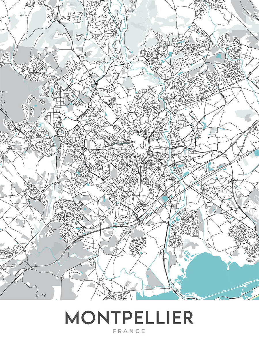 Modern City Map of Montpellier, France: Antigone, Beaux Arts, Cathédrale Saint-Pierre, Opéra Comédie, Place de la Comédie