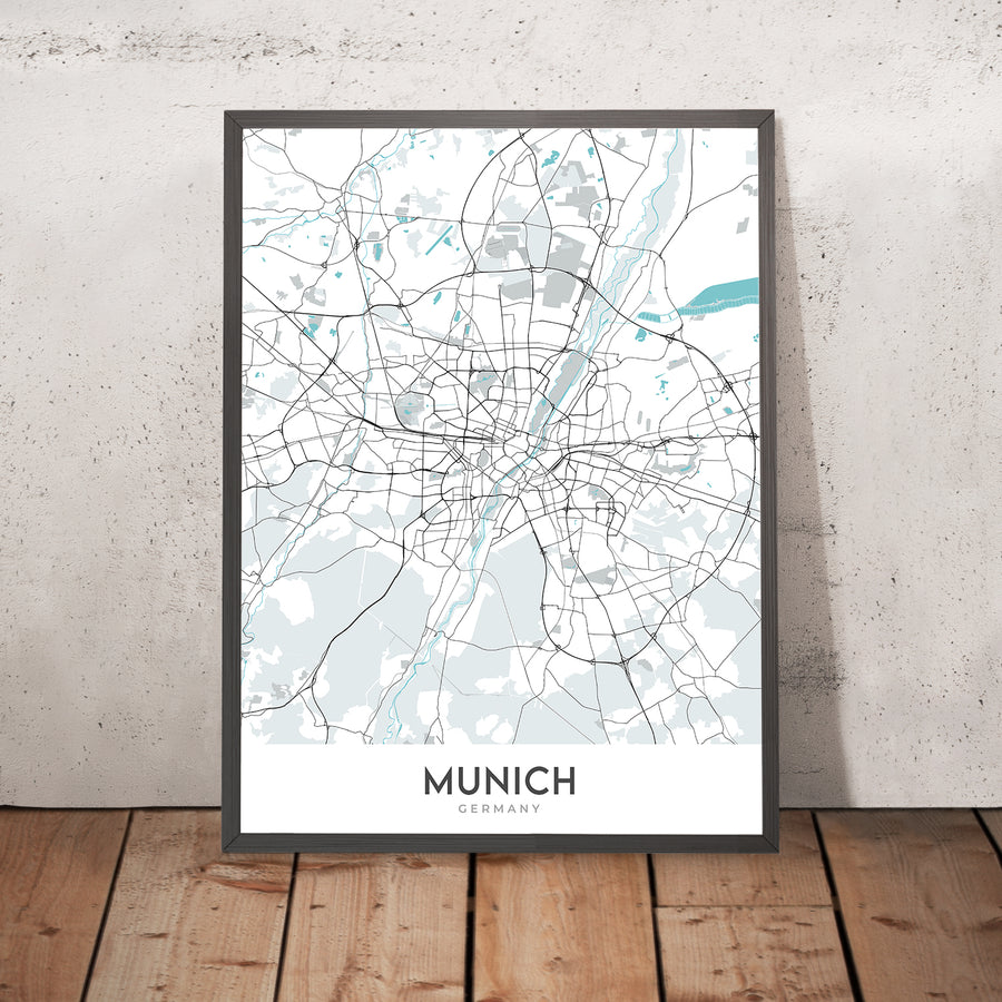 Mappa della città moderna di Monaco, Germania: Altstadt, Marienplatz, Giardino Inglese, Allianz Arena, fiume Isar 