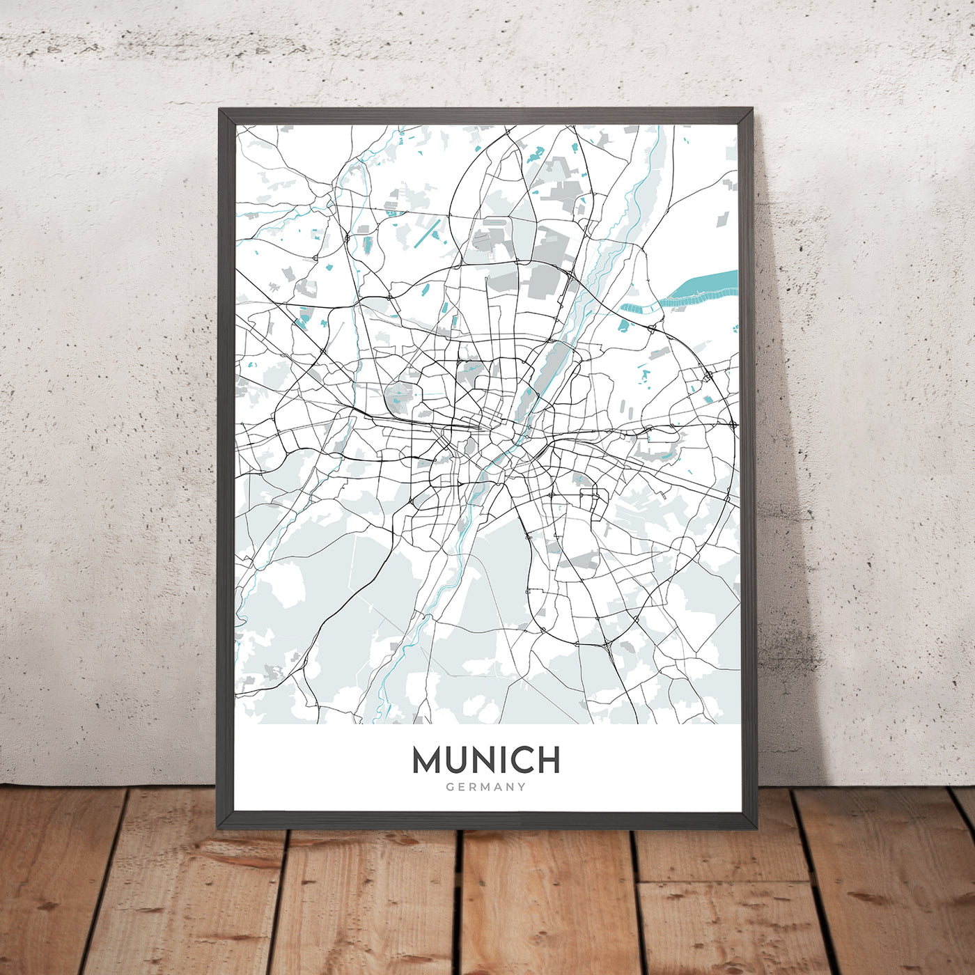 Moderner Stadtplan von München, Deutschland: Altstadt, Marienplatz, Englischer Garten, Allianz Arena, Isar