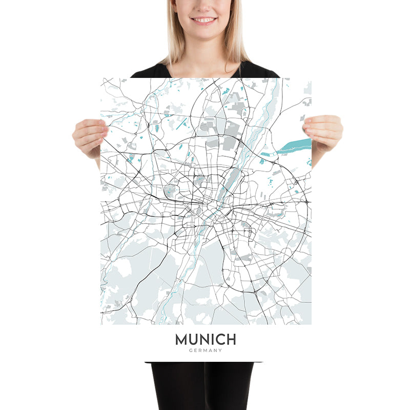 Plan de la ville moderne de Munich, Allemagne : Altstadt, Marienplatz, Englischer Garten, Allianz Arena, rivière Isar