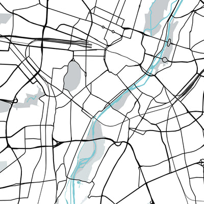 Mapa moderno de la ciudad de Múnich, Alemania: Altstadt, Marienplatz, Englischer Garten, Allianz Arena, río Isar