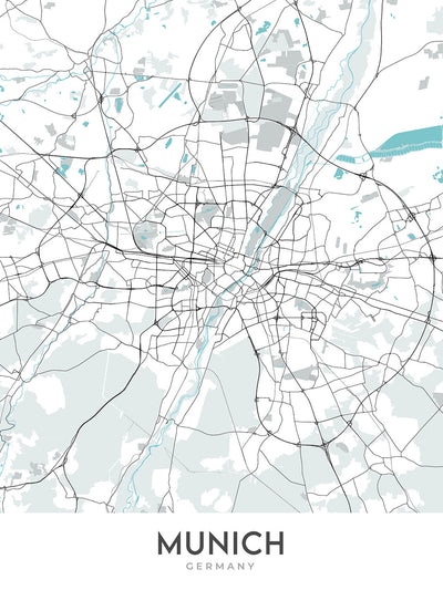 Mapa moderno de la ciudad de Múnich, Alemania: Altstadt, Marienplatz, Englischer Garten, Allianz Arena, río Isar