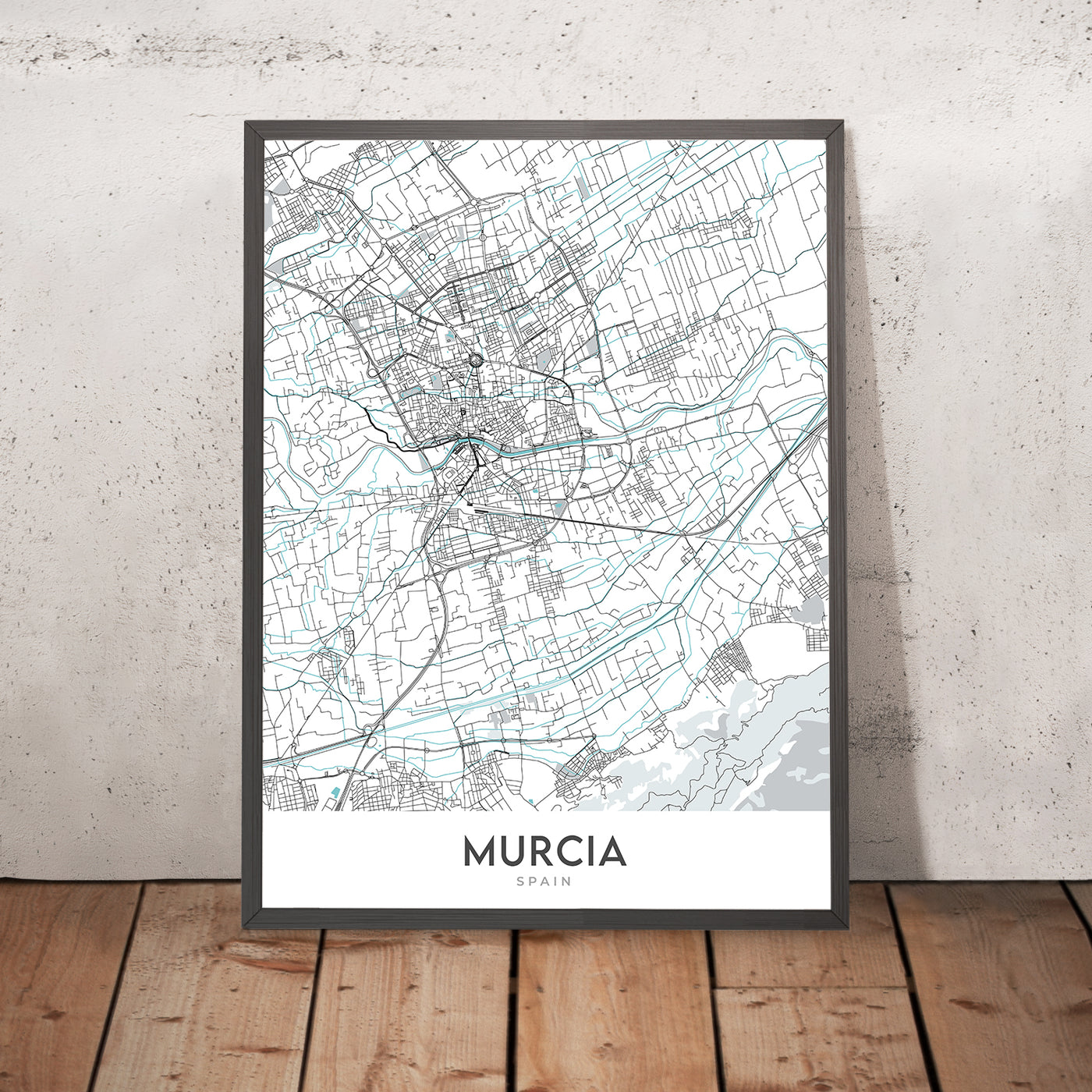 Plan de la ville moderne de Murcie, Espagne : cathédrale, casino, théâtre, place, rues