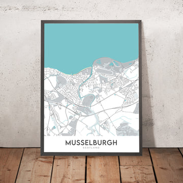 Mappa moderna della città di Musselburgh, Scozia: Porto di Fisherrow, Fiume Esk, Ippodromo, Pinkie, A199 