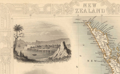 Old Map of New Zealand in 1851 by Tallis and Rapkin - Auckland, Tauranga, Christchurch, Wellington, New Plymouth