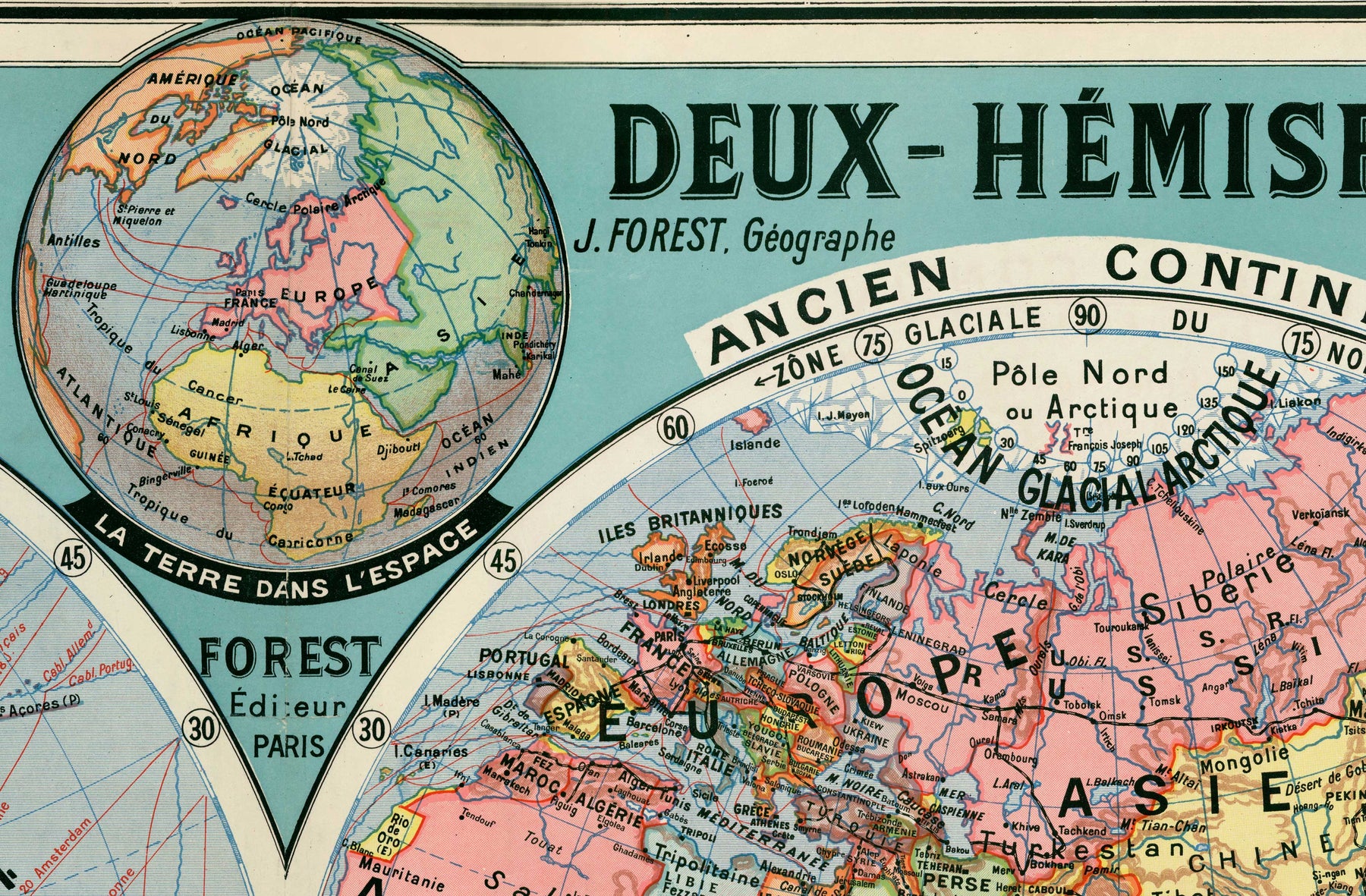 World Map 1925 Old French Double Hemisphere World Map in 1925 by Joseph Forest ...
