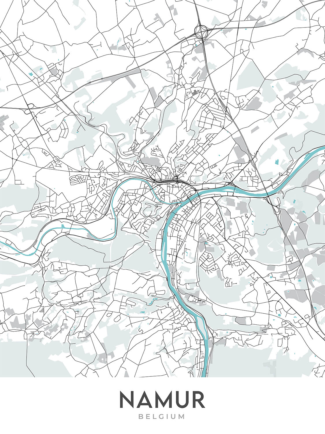 Moderner Stadtplan von Namur, Belgien: Zitadelle, Kathedrale, Saint Aubain, Saint Loup, Saint Jean-Baptiste