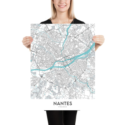 Moderner Stadtplan von Nantes, Frankreich: Centre-ville, Château, Cathédrale, Île de Nantes, Maschinen