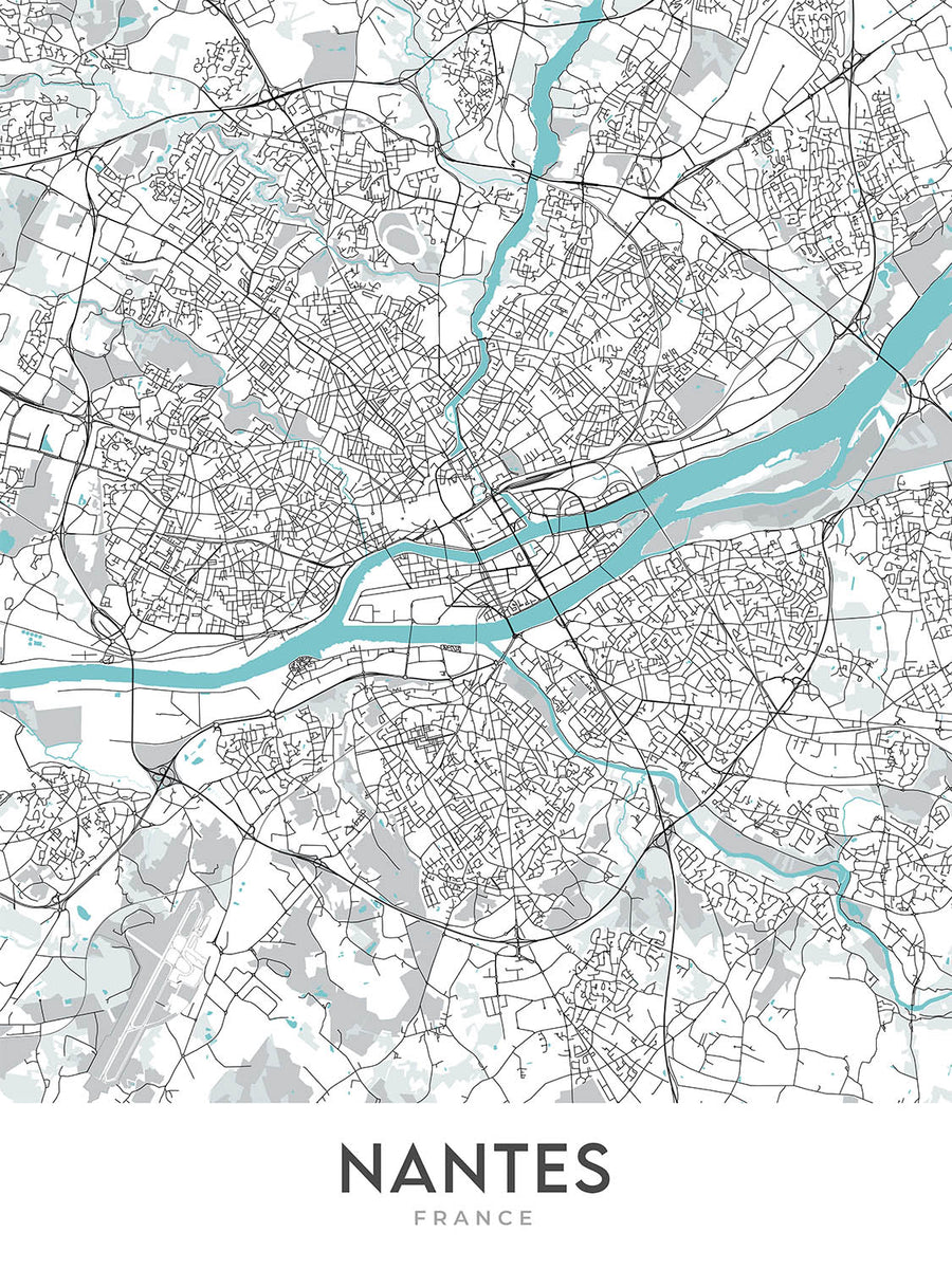 Plan de la ville moderne de Nantes, France : Centre-ville, Château, Cathédrale, Île de Nantes, Machines