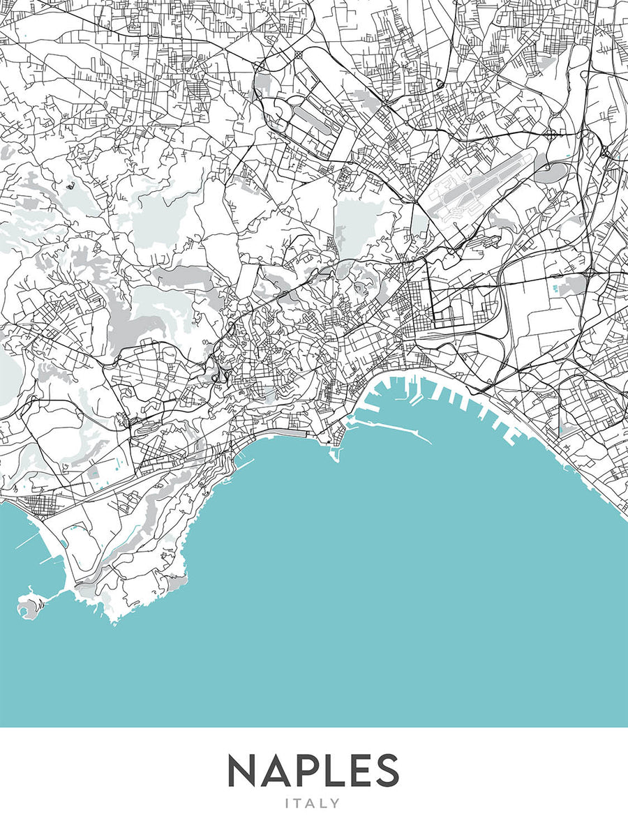 Mapa moderno de la ciudad de Nápoles, Italia: Chiaia, Castel Nuovo, Galleria Umberto I, Posillipo, Teatro San Carlo