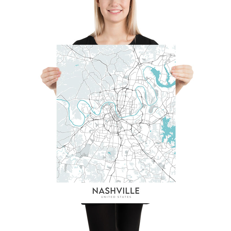 Moderner Stadtplan von Nashville, TN: Innenstadt, Music City Center, Vanderbilt, Germantown, Shelby Park