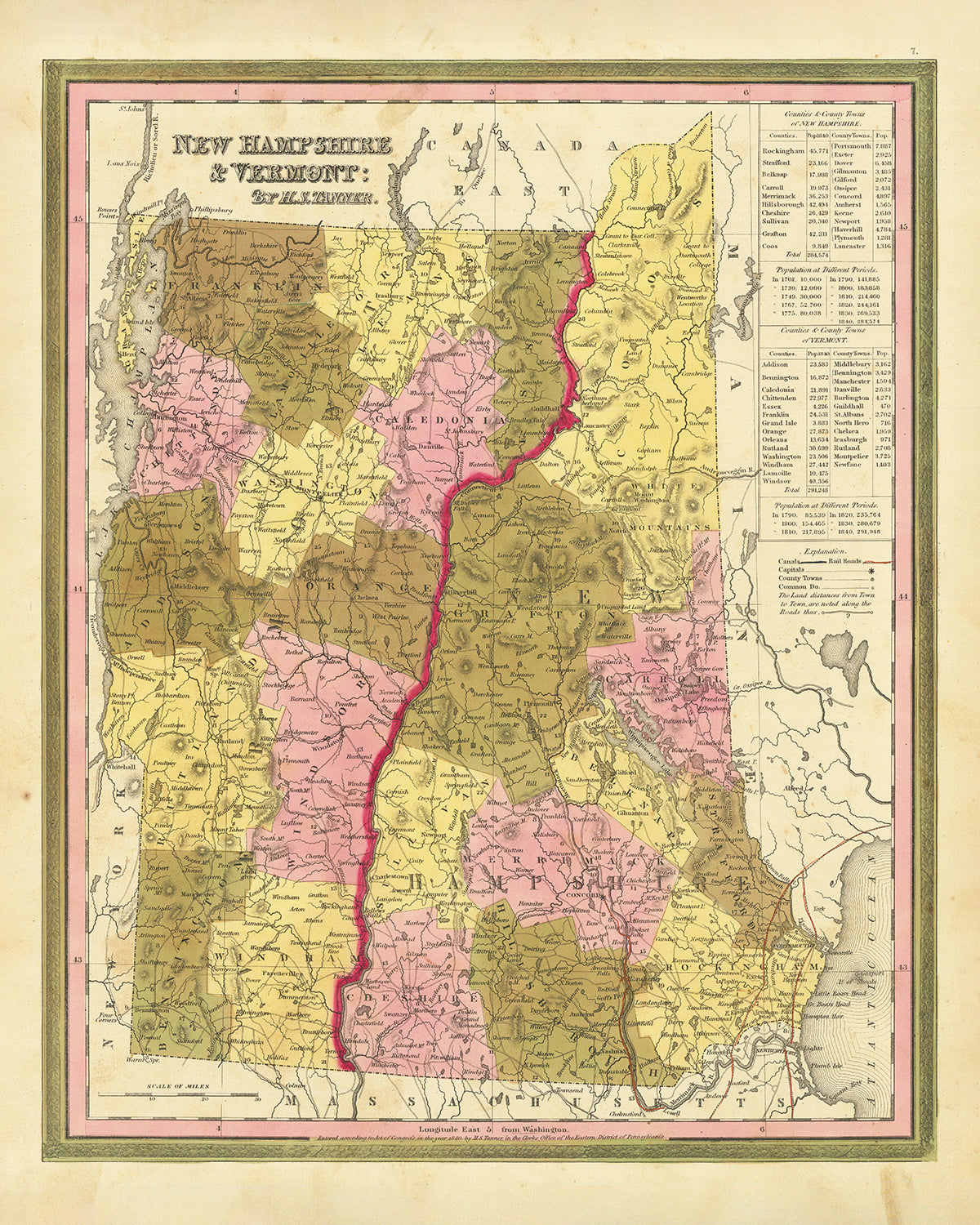 Antiguo mapa de New Hampshire y Vermont de H. S. Tanner, 1840, con Manchester, Nashua, Concord, Burlington y South Burlington.