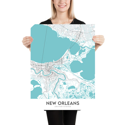 Plan de la ville moderne de la Nouvelle-Orléans, LA : quartier français, Garden District, Audubon Park, St. Charles Ave, Magazine St