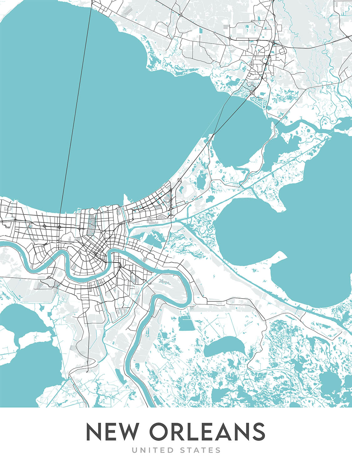 Mapa moderno de la ciudad de Nueva Orleans, LA: Barrio Francés, Garden District, Audubon Park, St. Charles Ave, Magazine St
