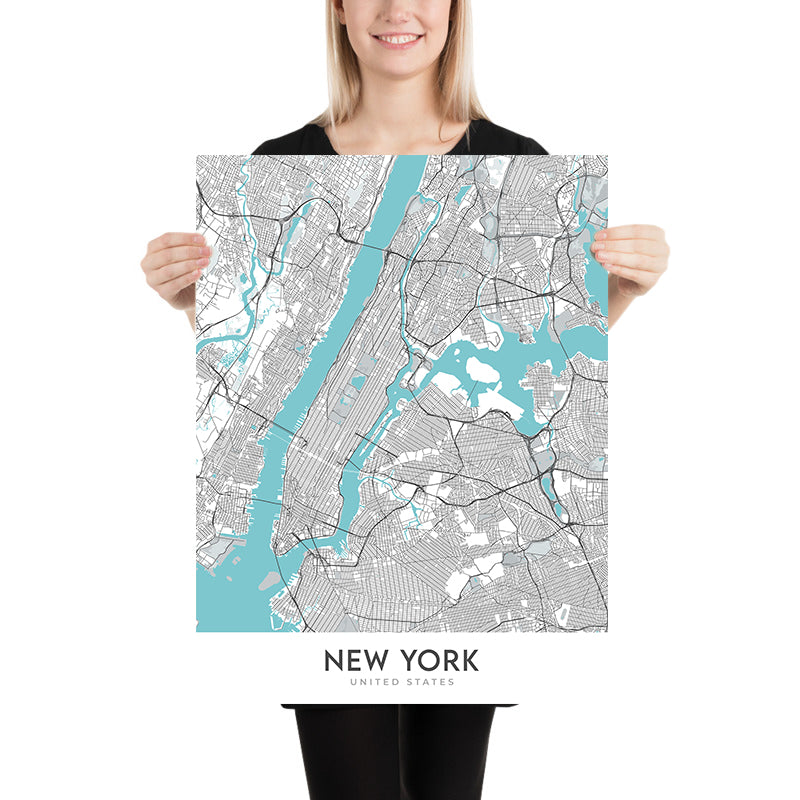 Moderner Stadtplan von New York City, NY: Central Park, Empire State Building, Freiheitsstatue, Times Square, Brooklyn Bridge