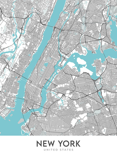 Plan de la ville moderne de New York, NY : Central Park, Empire State Building, Statue de la Liberté, Times Square, pont de Brooklyn