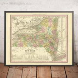 Ancienne carte de l'Etat de New York par H. S. Tanner, 1836 : New York City, Buffalo, Rochester, Yonkers, Syracuse, routes, chemins de fer, canaux