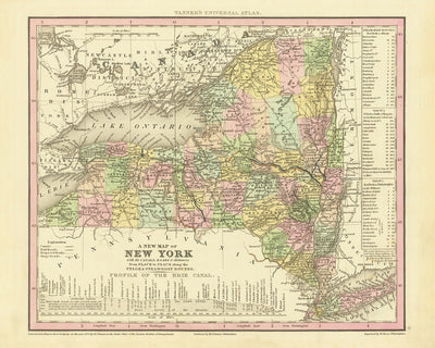 Ancienne carte de l'Etat de New York par H. S. Tanner, 1836 : New York City, Buffalo, Rochester, Yonkers, Syracuse, routes, chemins de fer, canaux