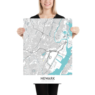 Mapa moderno de la ciudad de Newark, Nueva Jersey: centro, Ironbound, Prudential Center, Rutgers, NJ Turnpike