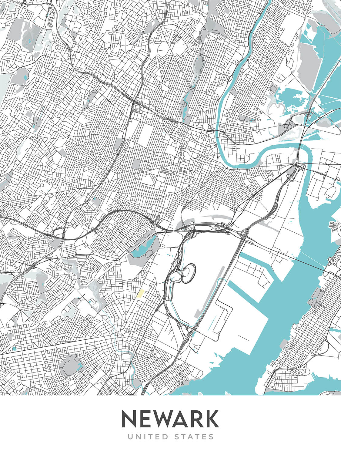 Moderner Stadtplan von Newark, NJ: Innenstadt, Ironbound, Prudential Center, Rutgers, NJ Turnpike