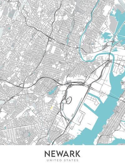 Moderner Stadtplan von Newark, NJ: Innenstadt, Ironbound, Prudential Center, Rutgers, NJ Turnpike