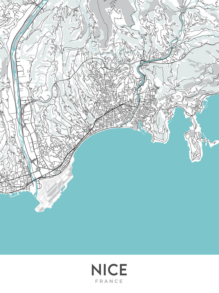 Mapa moderno de la ciudad de Niza, Francia: casco antiguo, colina del castillo, Promenade des Anglais, puerto, catedral