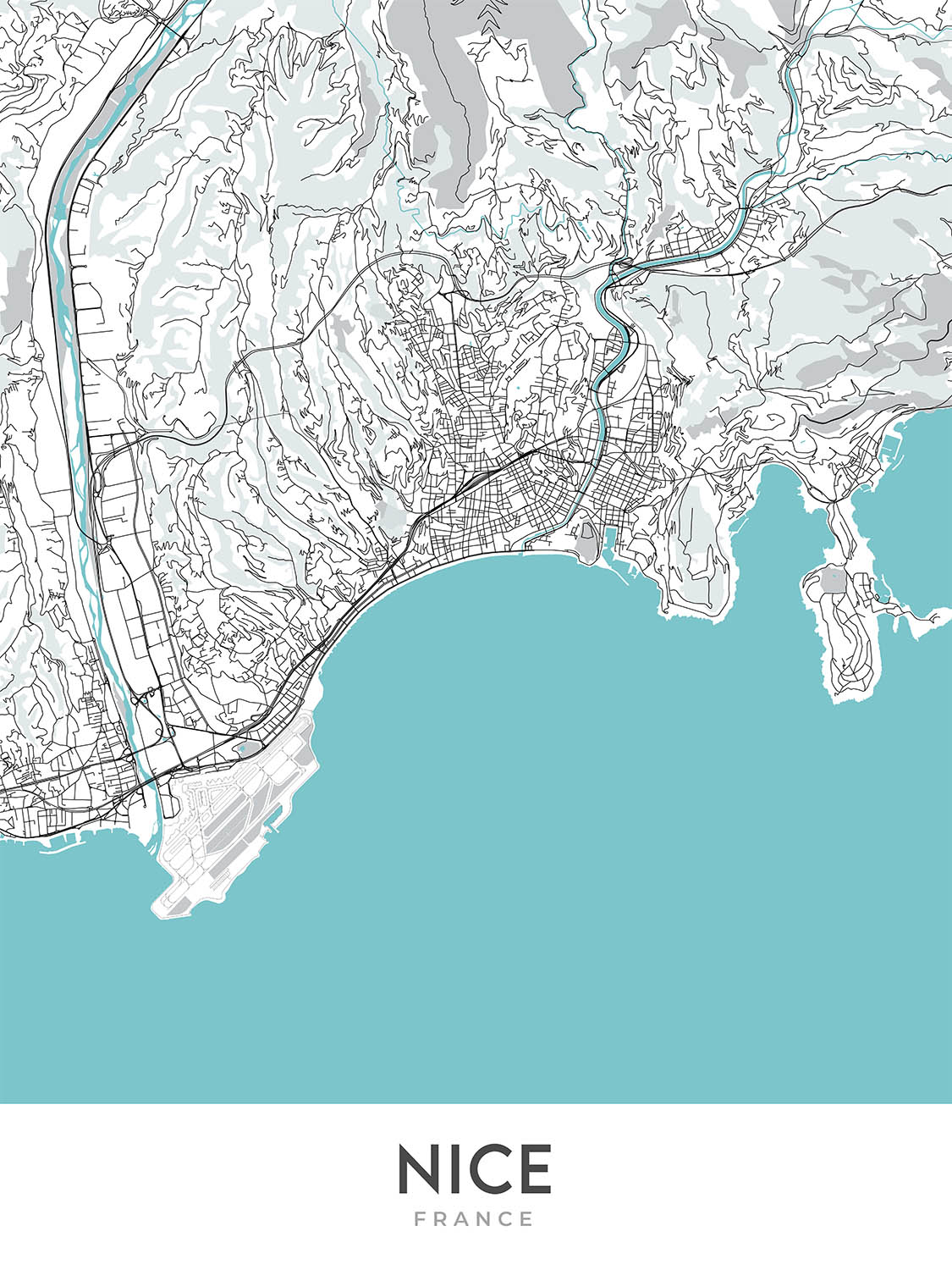 Plan de la ville moderne de Nice, France : vieille ville, colline du château, promenade des Anglais, port, cathédrale