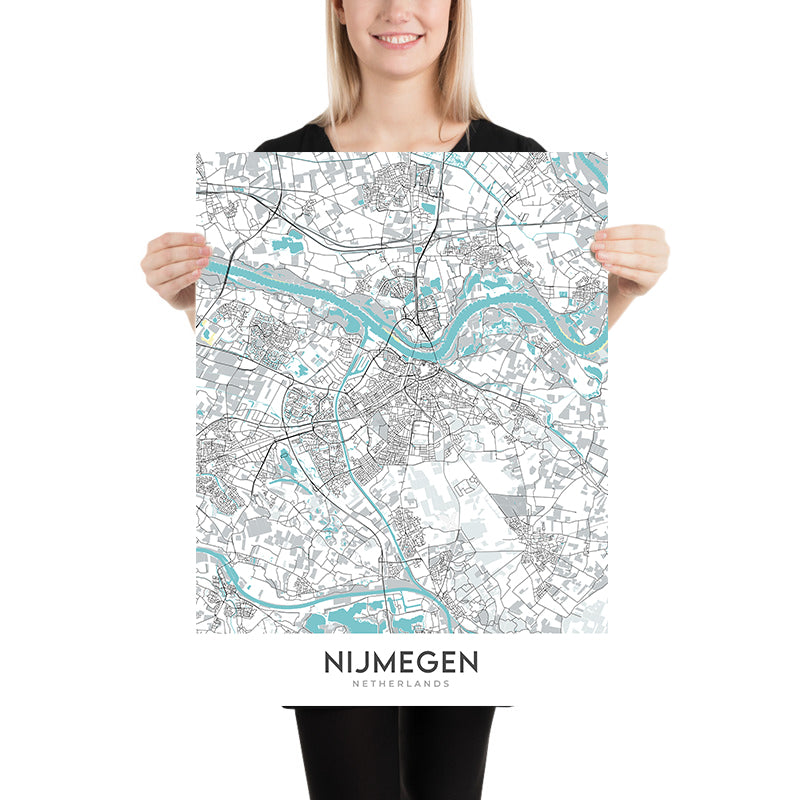 Moderner Stadtplan von Nijmegen, Niederlande: Afrika Museum, Belvédère, Grote Markt, Radboud-Universität, Waalbrug