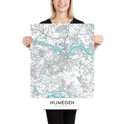 Moderner Stadtplan von Nijmegen, Niederlande: Afrika Museum, Belvédère, Grote Markt, Radboud-Universität, Waalbrug
