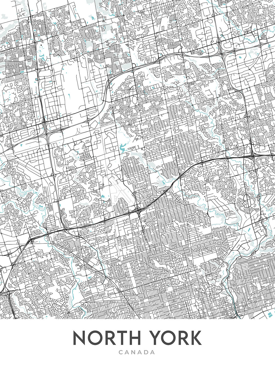 Mapa moderno de la ciudad de North York, Canadá: Don Mills, Casa Loma, Hwy 401, Yonge St, North York Civic Center